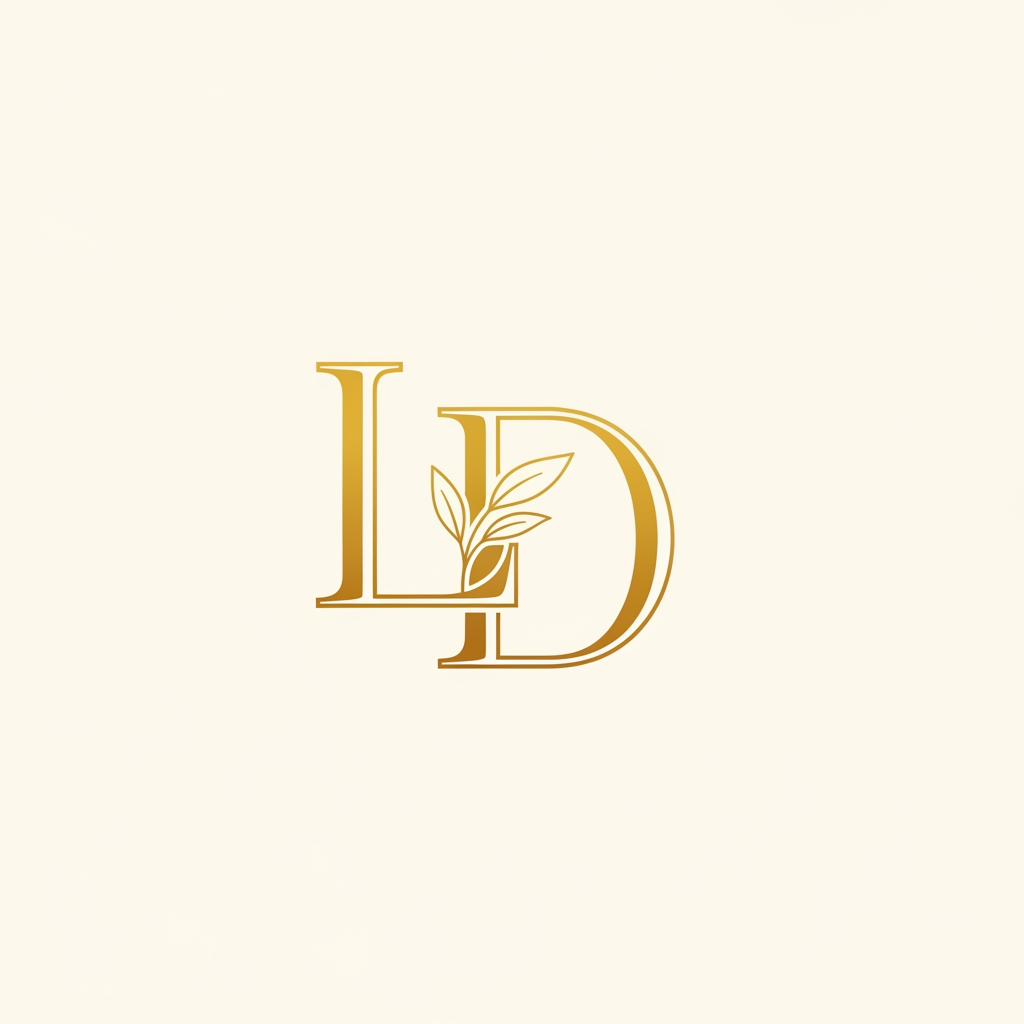 AI Design for A luxury wedding brand monogram logo featuring the letters "L" and "D" elegantly intertwined. Serif font style, thin stroke, gold color #D4AF70 on clean ivory white background. Subtle botanical leaf element integrated into the design — one small delicate leaf growing from the letter junction. Minimalist Art Deco aesthetic. Square format, no text, no tagline, vector illustration style, white background.