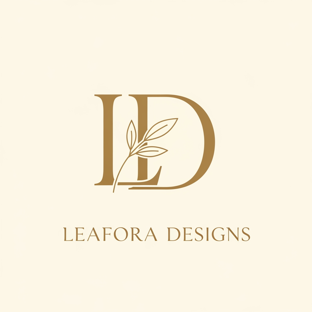 AI Design for Create a luxury monogram combining letters "L" and "D" for a wedding planning brand called Leafora Designs. Use thin elegant serif typography with intertwined letterforms. Add minimal botanical elements — a single delicate leaf with fine stem integrated into the letterforms. Warm gold color on ivory background. Ultra-minimal, high-end, timeless style. Clean vector aesthetic. No drop shadows, no gradients.