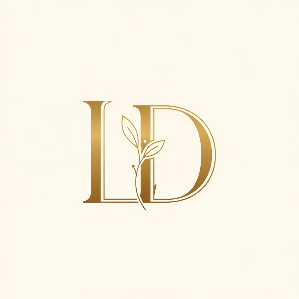 AI Design for A luxury wedding brand monogram logo featuring the letters "L" and "D" elegantly intertwined. Serif font style, thin stroke, gold color #D4AF70 on clean ivory white background. Subtle botanical leaf element integrated into the design — one small delicate leaf growing from the letter junction. Minimalist Art Deco aesthetic. Square format, no text, no tagline, vector illustration style, white background.