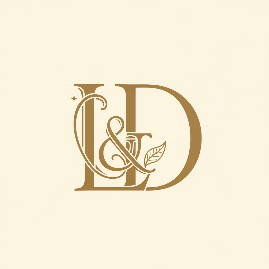 AI Design for Create an interlocked monogram of letters "L" and "D" in elegant serif style.
Letters should interweave — sharing curves and strokes naturally.
Style reference: classic wedding monogram, thin calligraphic lines,
Art Nouveau flourishes. Warm gold color, ivory background.
One small leaf detail integrated at letterform junction. Clean vector, no gradients.