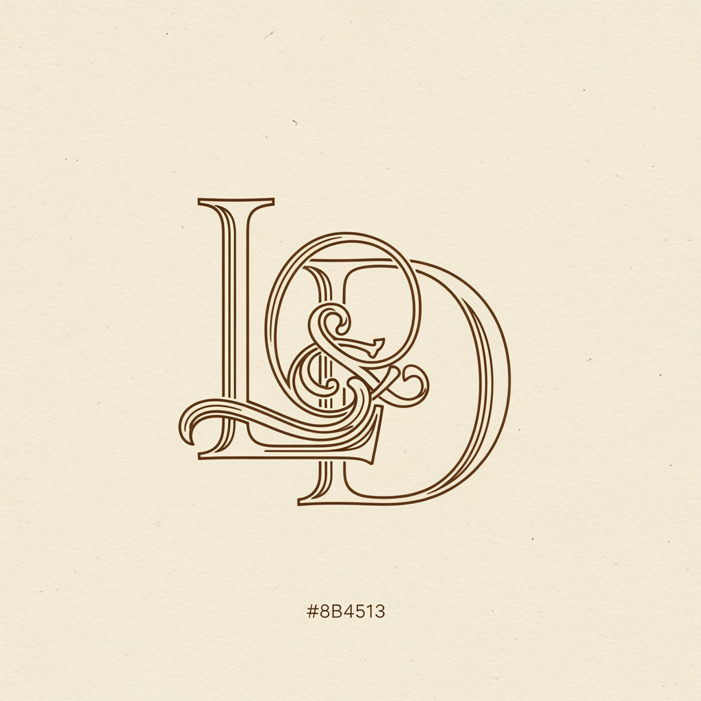 AI Design for Luxury intertwined monogram logo letters "L" and "D", elegant interlocked serif letterforms,
thin stroke calligraphic style, Art Nouveau inspired, delicate flourishes and swashes,
letters overlap and weave through each other organically, warm brown #8B4513 ink on
cream/ivory #F5F0E8 textured background, wedding brand aesthetic, hand-lettered feel
with precision, ultra refined, minimal ornamental details, no color fill only outlines,
single composition centered, studio by-k style monogram explorations,
high fashion luxury brand mark --ar 1:1 --style raw --v 6 --q 2