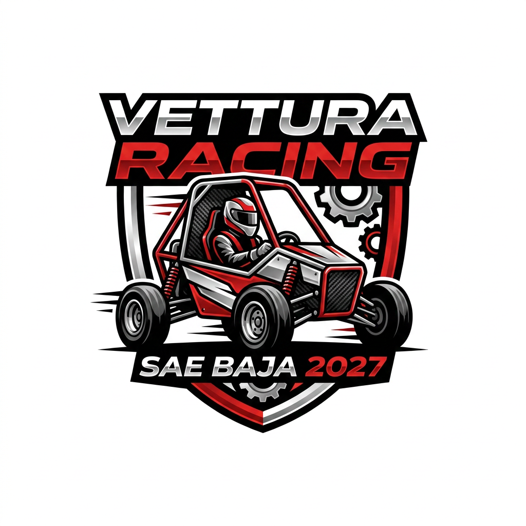 AI Design for A professional, high-performance logo design for the 'Vettura Racing' SAE BAJA 2027 team. The logo features a stylized, bold vector illustration of {{asset:buggy}} integrated with sleek, modern typography, utilizing a sharp color palette of metallic silver, racing red, and carbon fiber black. The composition is dynamic and balanced, emphasizing speed and engineering precision, set against a clean minimalist background to ensure high visibility and professional branding impact.