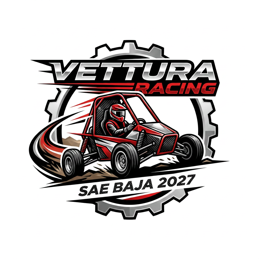 AI Design for A professional, high-performance logo design for the 'Vettura Racing' SAE BAJA 2027 team. The logo features a stylized, bold vector illustration of {{asset:buggy}} integrated with sleek, modern typography, utilizing a sharp color palette of metallic silver, racing red, and carbon fiber black. The composition is dynamic and balanced, emphasizing speed and engineering precision, set against a clean minimalist background to ensure high visibility and professional branding impact.