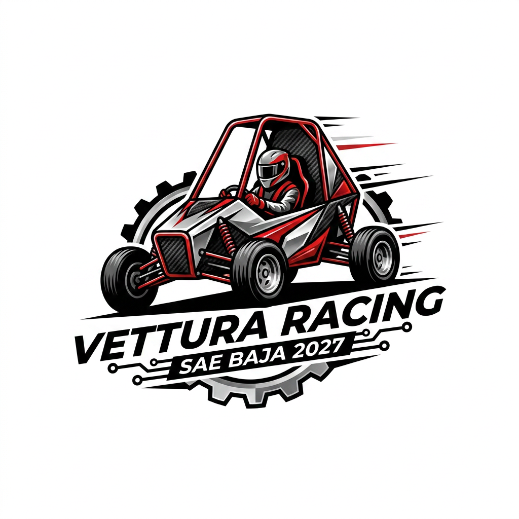 AI Design for A professional, high-performance logo design for the 'Vettura Racing' SAE BAJA 2027 team. The logo features a stylized, bold vector illustration of {{asset:buggy}} integrated with sleek, modern typography, utilizing a sharp color palette of metallic silver, racing red, and carbon fiber black. The composition is dynamic and balanced, emphasizing speed and engineering precision, set against a clean minimalist background to ensure high visibility and professional branding impact.