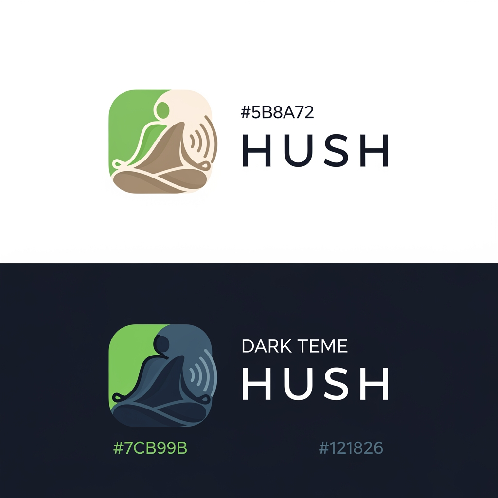 AI Design for i have created a mobile app and its name is HUSH and this is its theme and i want to create logo of my hush application as per my theme export const lightColors = {
primary: '#5B8A72',
background: '#F4F7F6',
card: '#FFFFFF',
text: '#1F2937',
textSecondary: '#6B7280',
border: '#E5E7EB',
accentBg: '#E2F0E9',
};
export const darkColors = {
primary: '#7CB99B',
background: '#121826',
card: '#1E293B',
text: '#F1F5F9',
textSecondary: '#94A3B8',
border: '#334155',
accentBg: '#243A30',
}; and also for refenrece its a meditation app