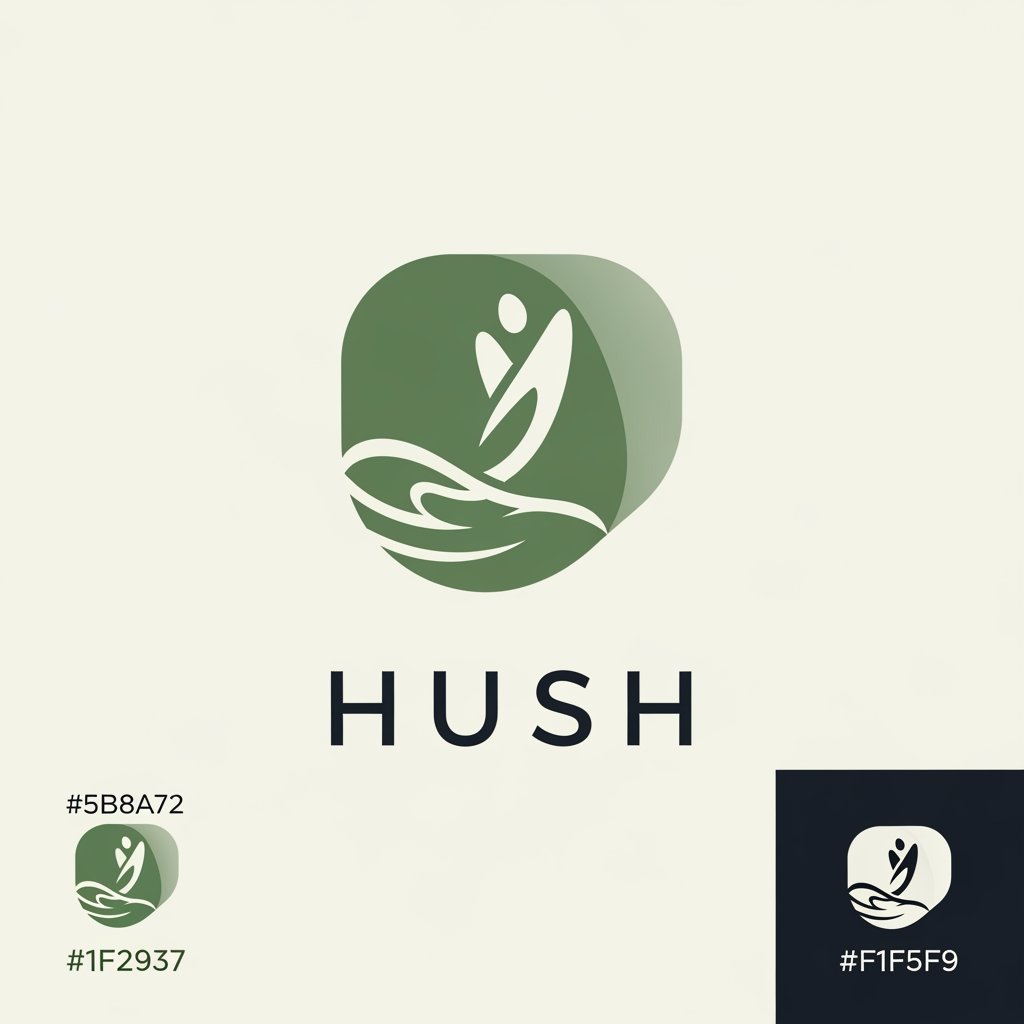 AI Design for i have created a mobile app and its name is HUSH and this is its theme and i want to create logo of my hush application as per my theme export const lightColors = {
primary: '#5B8A72',
background: '#F4F7F6',
card: '#FFFFFF',
text: '#1F2937',
textSecondary: '#6B7280',
border: '#E5E7EB',
accentBg: '#E2F0E9',
};
export const darkColors = {
primary: '#7CB99B',
background: '#121826',
card: '#1E293B',
text: '#F1F5F9',
textSecondary: '#94A3B8',
border: '#334155',
accentBg: '#243A30',
}; and also for refenrece its a meditation app