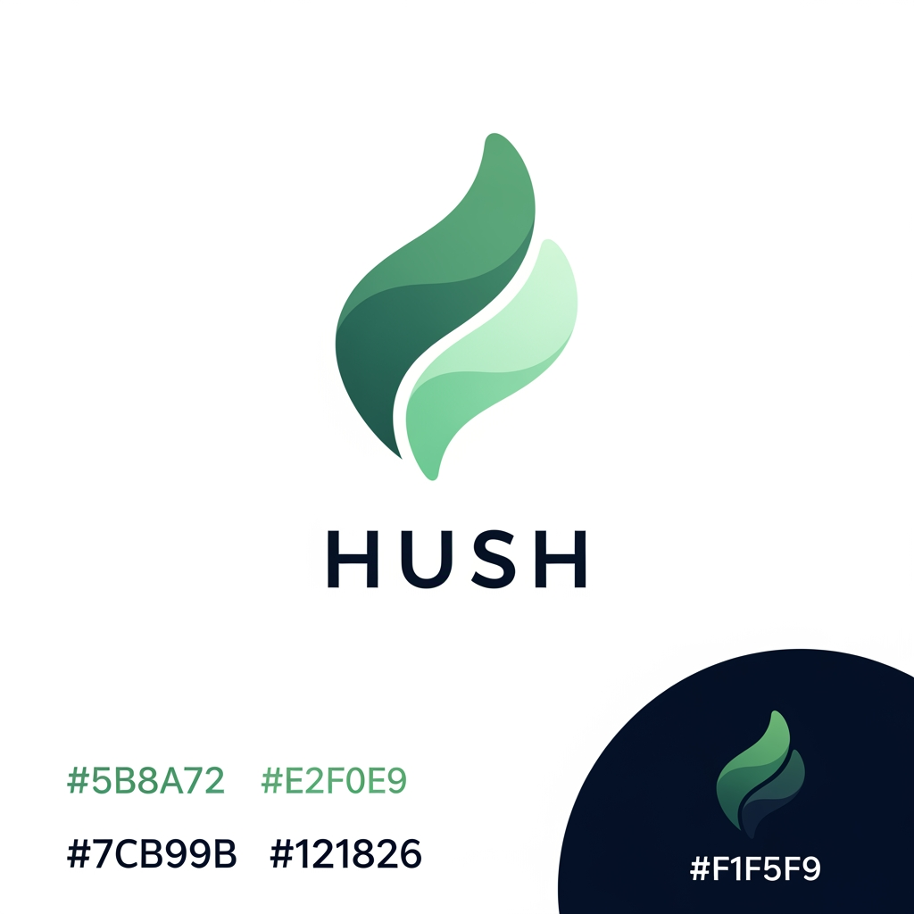 AI Design for i have created a mobile app and its name is HUSH and this is its theme and i want to create logo of my hush application as per my theme export const lightColors = {
primary: '#5B8A72',
background: '#F4F7F6',
card: '#FFFFFF',
text: '#1F2937',
textSecondary: '#6B7280',
border: '#E5E7EB',
accentBg: '#E2F0E9',
};
export const darkColors = {
primary: '#7CB99B',
background: '#121826',
card: '#1E293B',
text: '#F1F5F9',
textSecondary: '#94A3B8',
border: '#334155',
accentBg: '#243A30',
}; and also for refenrece its a meditation app