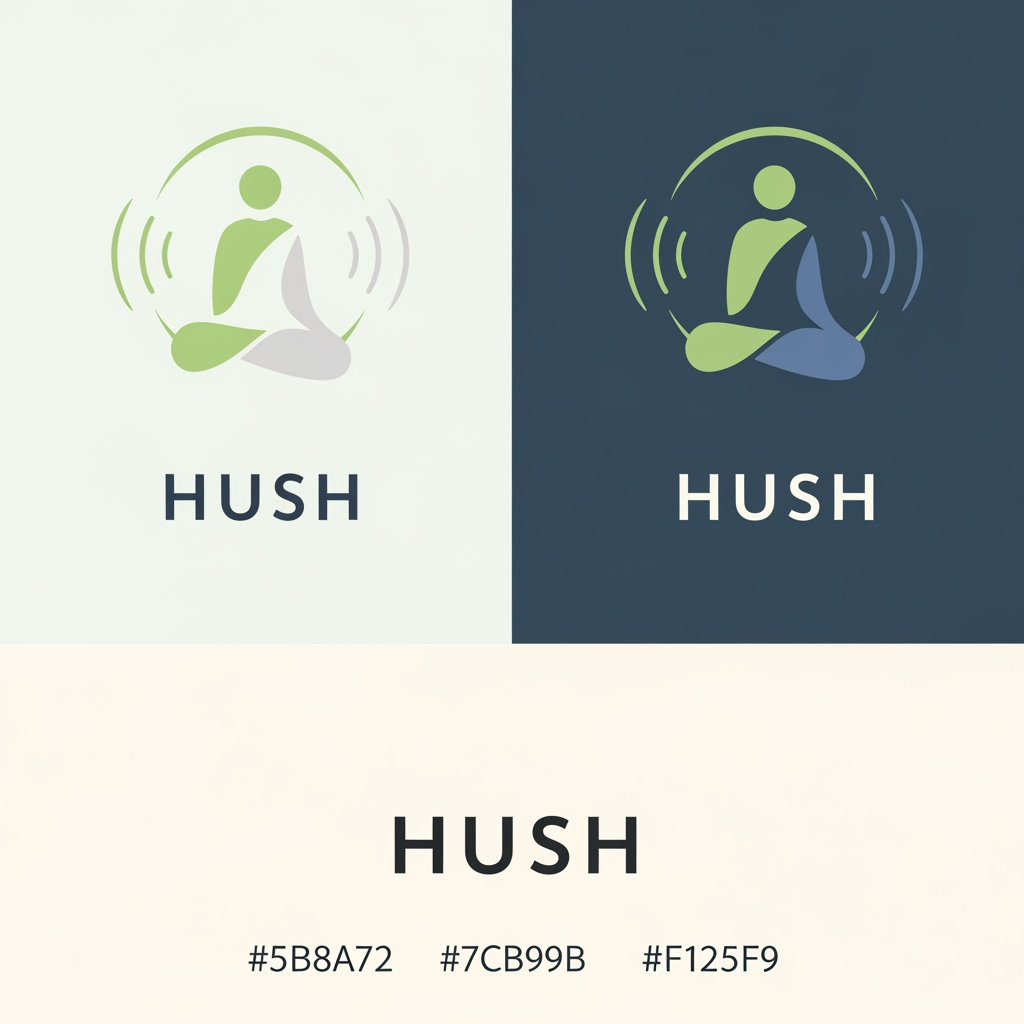 AI Design for i have created a mobile app and its name is HUSH and this is its theme and i want to create logo of my hush application as per my theme export const lightColors = {
primary: '#5B8A72',
background: '#F4F7F6',
card: '#FFFFFF',
text: '#1F2937',
textSecondary: '#6B7280',
border: '#E5E7EB',
accentBg: '#E2F0E9',
};
export const darkColors = {
primary: '#7CB99B',
background: '#121826',
card: '#1E293B',
text: '#F1F5F9',
textSecondary: '#94A3B8',
border: '#334155',
accentBg: '#243A30',
}; and also for refenrece its a meditation app