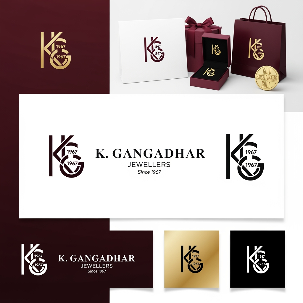 AI Design for Design a world-class luxury logo for K. Gangadhar Jewellers, a prestigious Indian jewellery brand established in 1967 in Nizamabad, Telangana.

The logo must be futuristic, minimal, iconic, timeless, and highly memorable. Avoid generic jewellery symbols such as crowns, diamonds, peacocks, rings, temple bells, or traditional ornamental motifs.

Core Concept:
Create a sophisticated monogram using the letters "K" and "G" with the year "1967" cleverly hidden within the structure. The hidden numbers should feel intelligent and discoverable rather than obvious. The logo should tell a story of heritage meeting the future.

Design Style:

* Ultra-clean geometric construction
* Luxury fashion house aesthetic
* Premium Swiss-inspired precision
* Simple enough to be recognized at small sizes
* Strong negative space usage
* Modern luxury branding similar to Cartier, Tiffany, Bvlgari, Celine, YSL, or Rolex level sophistication
* Balanced, symmetrical, and scalable
* Suitable for jewellery boxes, shopping bags, storefront signage, certificates, social media, and gold hallmark stamping

Creative Directions:

* Integrate KG into a single seamless symbol
* Hide 1967 within the geometry of the monogram
* Explore infinity-inspired forms representing legacy across generations
* Use intelligent line continuity and negative space
* Create a symbol that can stand alone without text

Color Presentation:

* Metallic gold on deep burgundy background
* Metallic gold on matte black background
* Monochrome black version
* Flat vector version

Typography:
"K. GANGADHAR JEWELLERS"
Elegant modern luxury serif or custom lettering
Optional tagline: "Since 1967"

Output Requirements:

* Premium vector logo presentation
* Multiple logo variations on a branding board
* Symbol-only version
* Horizontal version
* Vertical version
* Luxury brand identity mockup
* Clean white background presentation
* Award-winning logo design quality
* Minimal, futuristic, iconic, and globally recognizable

Keywords:
hidden 1967, KG monogram, infinity legacy, luxury jewellery brand, future heritage, premium minimalism, geometric elegance, timeless identity, luxury fashion branding, negative space masterpiece.