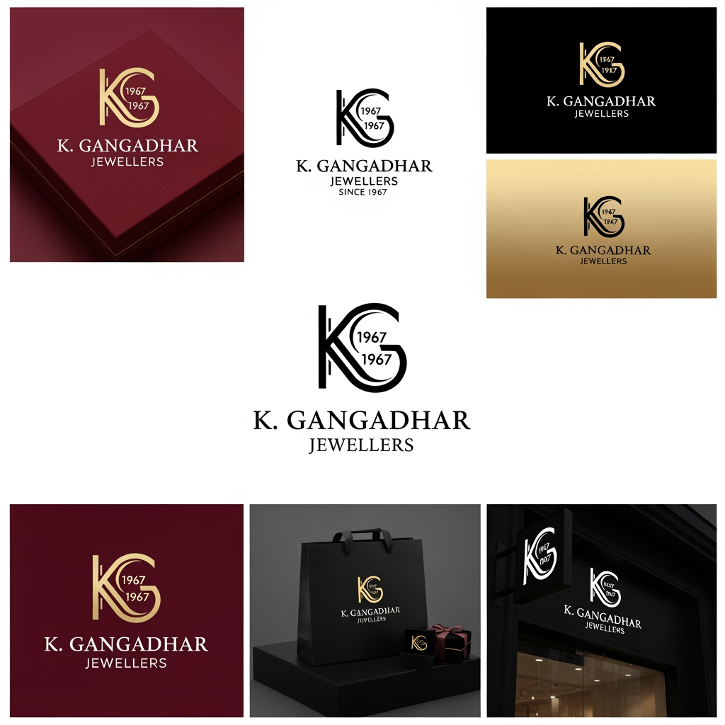 AI Design for Design a world-class luxury logo for K. Gangadhar Jewellers, a prestigious Indian jewellery brand established in 1967 in Nizamabad, Telangana.

The logo must be futuristic, minimal, iconic, timeless, and highly memorable. Avoid generic jewellery symbols such as crowns, diamonds, peacocks, rings, temple bells, or traditional ornamental motifs.

Core Concept:
Create a sophisticated monogram using the letters "K" and "G" with the year "1967" cleverly hidden within the structure. The hidden numbers should feel intelligent and discoverable rather than obvious. The logo should tell a story of heritage meeting the future.

Design Style:

* Ultra-clean geometric construction
* Luxury fashion house aesthetic
* Premium Swiss-inspired precision
* Simple enough to be recognized at small sizes
* Strong negative space usage
* Modern luxury branding similar to Cartier, Tiffany, Bvlgari, Celine, YSL, or Rolex level sophistication
* Balanced, symmetrical, and scalable
* Suitable for jewellery boxes, shopping bags, storefront signage, certificates, social media, and gold hallmark stamping

Creative Directions:

* Integrate KG into a single seamless symbol
* Hide 1967 within the geometry of the monogram
* Explore infinity-inspired forms representing legacy across generations
* Use intelligent line continuity and negative space
* Create a symbol that can stand alone without text

Color Presentation:

* Metallic gold on deep burgundy background
* Metallic gold on matte black background
* Monochrome black version
* Flat vector version

Typography:
"K. GANGADHAR JEWELLERS"
Elegant modern luxury serif or custom lettering
Optional tagline: "Since 1967"

Output Requirements:

* Premium vector logo presentation
* Multiple logo variations on a branding board
* Symbol-only version
* Horizontal version
* Vertical version
* Luxury brand identity mockup
* Clean white background presentation
* Award-winning logo design quality
* Minimal, futuristic, iconic, and globally recognizable

Keywords:
hidden 1967, KG monogram, infinity legacy, luxury jewellery brand, future heritage, premium minimalism, geometric elegance, timeless identity, luxury fashion branding, negative space masterpiece.