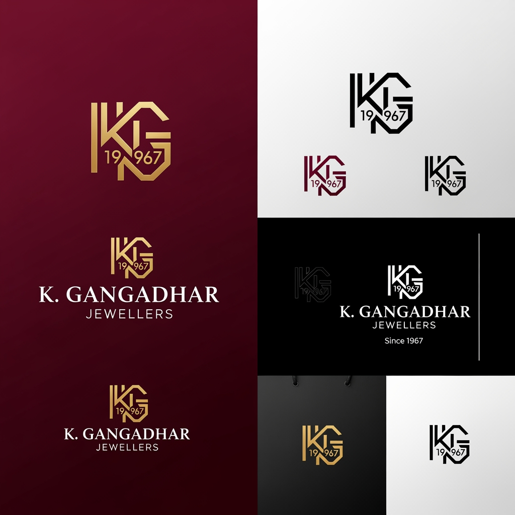 AI Design for Design a world-class luxury logo for K. Gangadhar Jewellers, a prestigious Indian jewellery brand established in 1967 in Nizamabad, Telangana.

The logo must be futuristic, minimal, iconic, timeless, and highly memorable. Avoid generic jewellery symbols such as crowns, diamonds, peacocks, rings, temple bells, or traditional ornamental motifs.

Core Concept:
Create a sophisticated monogram using the letters "K" and "G" with the year "1967" cleverly hidden within the structure. The hidden numbers should feel intelligent and discoverable rather than obvious. The logo should tell a story of heritage meeting the future.

Design Style:

* Ultra-clean geometric construction
* Luxury fashion house aesthetic
* Premium Swiss-inspired precision
* Simple enough to be recognized at small sizes
* Strong negative space usage
* Modern luxury branding similar to Cartier, Tiffany, Bvlgari, Celine, YSL, or Rolex level sophistication
* Balanced, symmetrical, and scalable
* Suitable for jewellery boxes, shopping bags, storefront signage, certificates, social media, and gold hallmark stamping

Creative Directions:

* Integrate KG into a single seamless symbol
* Hide 1967 within the geometry of the monogram
* Explore infinity-inspired forms representing legacy across generations
* Use intelligent line continuity and negative space
* Create a symbol that can stand alone without text

Color Presentation:

* Metallic gold on deep burgundy background
* Metallic gold on matte black background
* Monochrome black version
* Flat vector version

Typography:
"K. GANGADHAR JEWELLERS"
Elegant modern luxury serif or custom lettering
Optional tagline: "Since 1967"

Output Requirements:

* Premium vector logo presentation
* Multiple logo variations on a branding board
* Symbol-only version
* Horizontal version
* Vertical version
* Luxury brand identity mockup
* Clean white background presentation
* Award-winning logo design quality
* Minimal, futuristic, iconic, and globally recognizable

Keywords:
hidden 1967, KG monogram, infinity legacy, luxury jewellery brand, future heritage, premium minimalism, geometric elegance, timeless identity, luxury fashion branding, negative space masterpiece.
