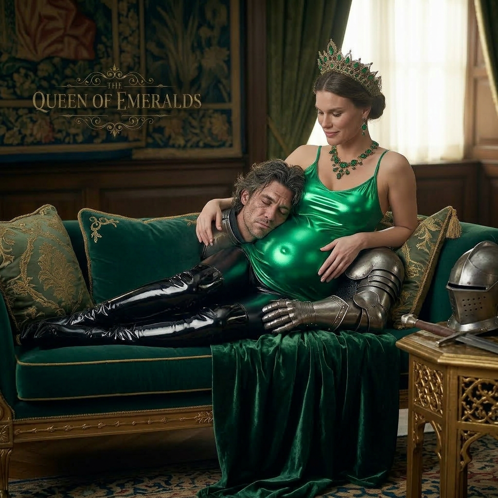AI Design for this beautiful pregnant queen of emerald is laying with a sleepy knight in this shiny outfit