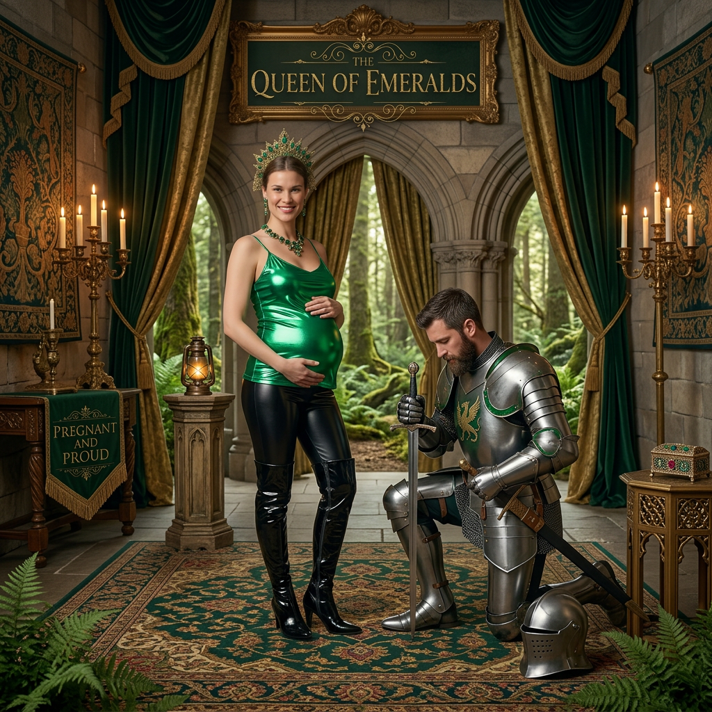 AI Design for this beautiful pregnant queen of emerald is standing in front of kneeling knight in a castle