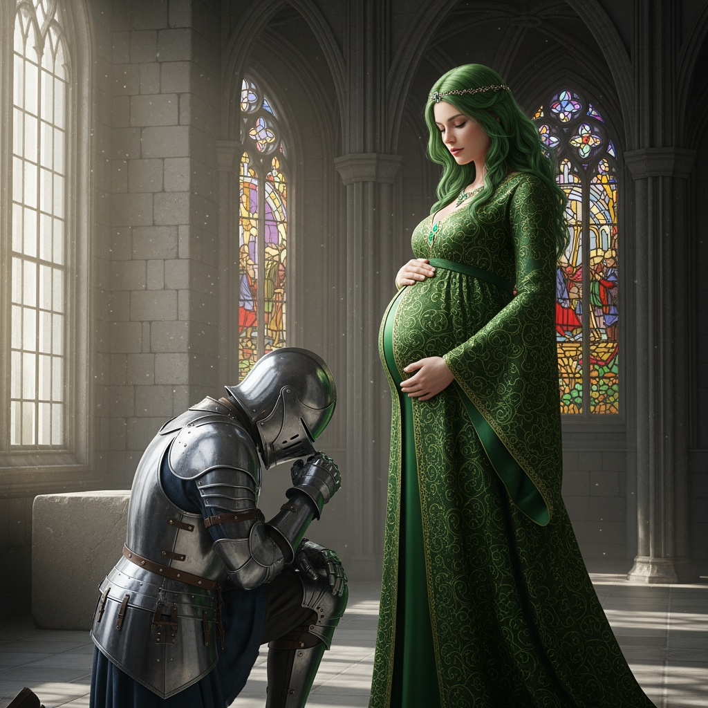AI Design for this beautiful pregnant queen of emerald is standing in front of kneeling knight in a castle