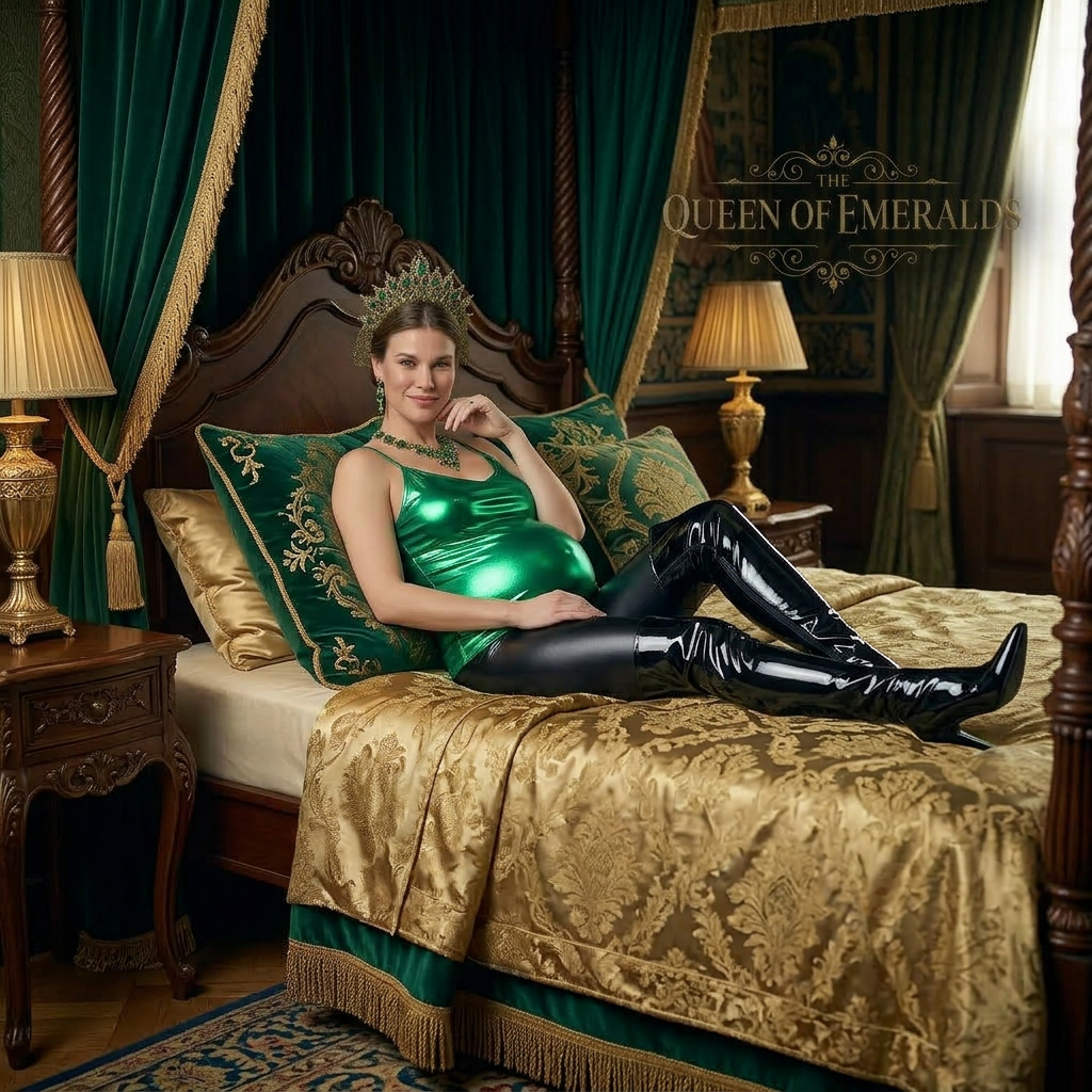 AI Design for this beautiful pregnant queen of emerald is laying on a bed in this shiny outfit