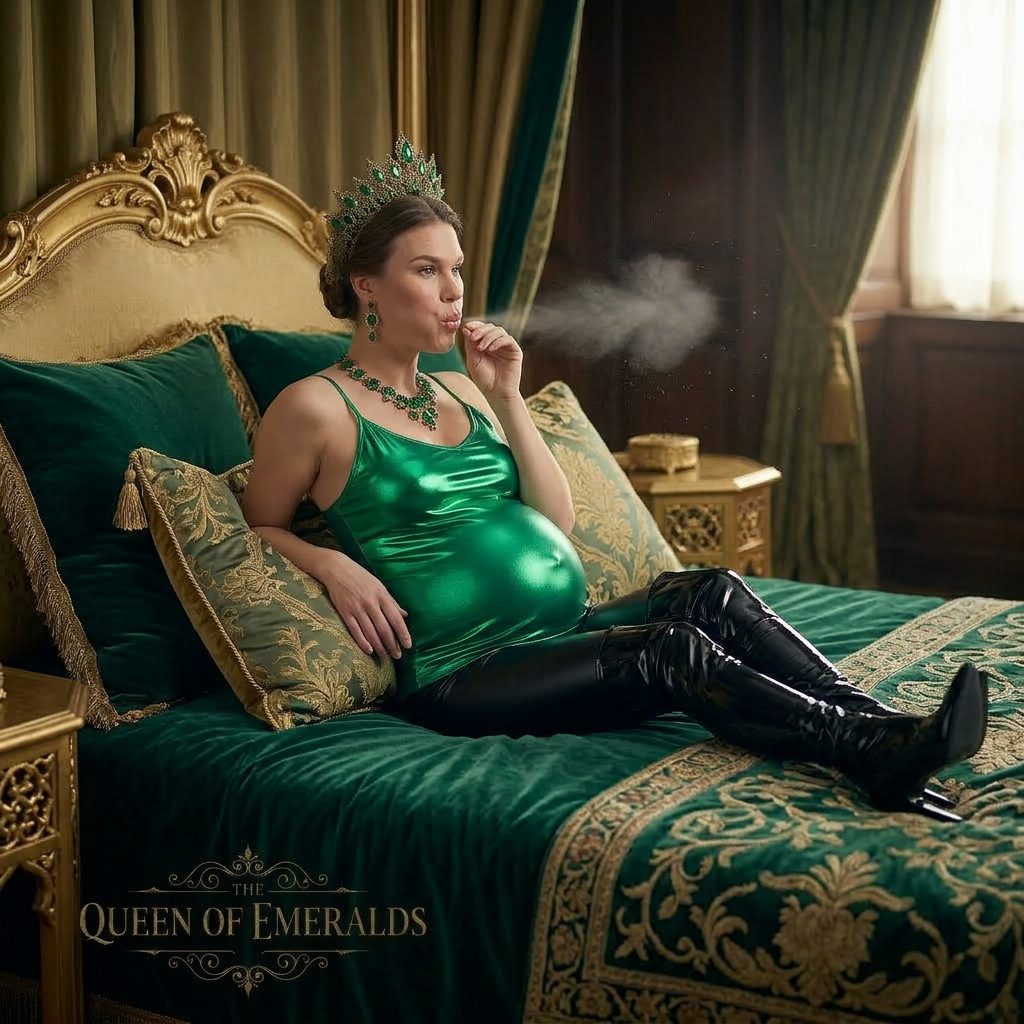 AI Design for this beautiful pregnant queen of emerald is laying on a bed in this shiny outfit and she is blowing her fart away