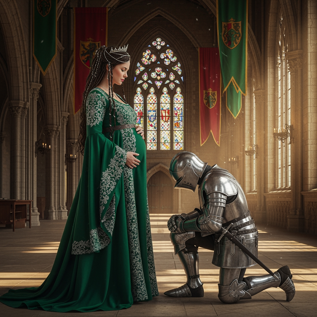 AI Design for this beautiful pregnant queen of emerald is standing in front of kneeling knight in a castle