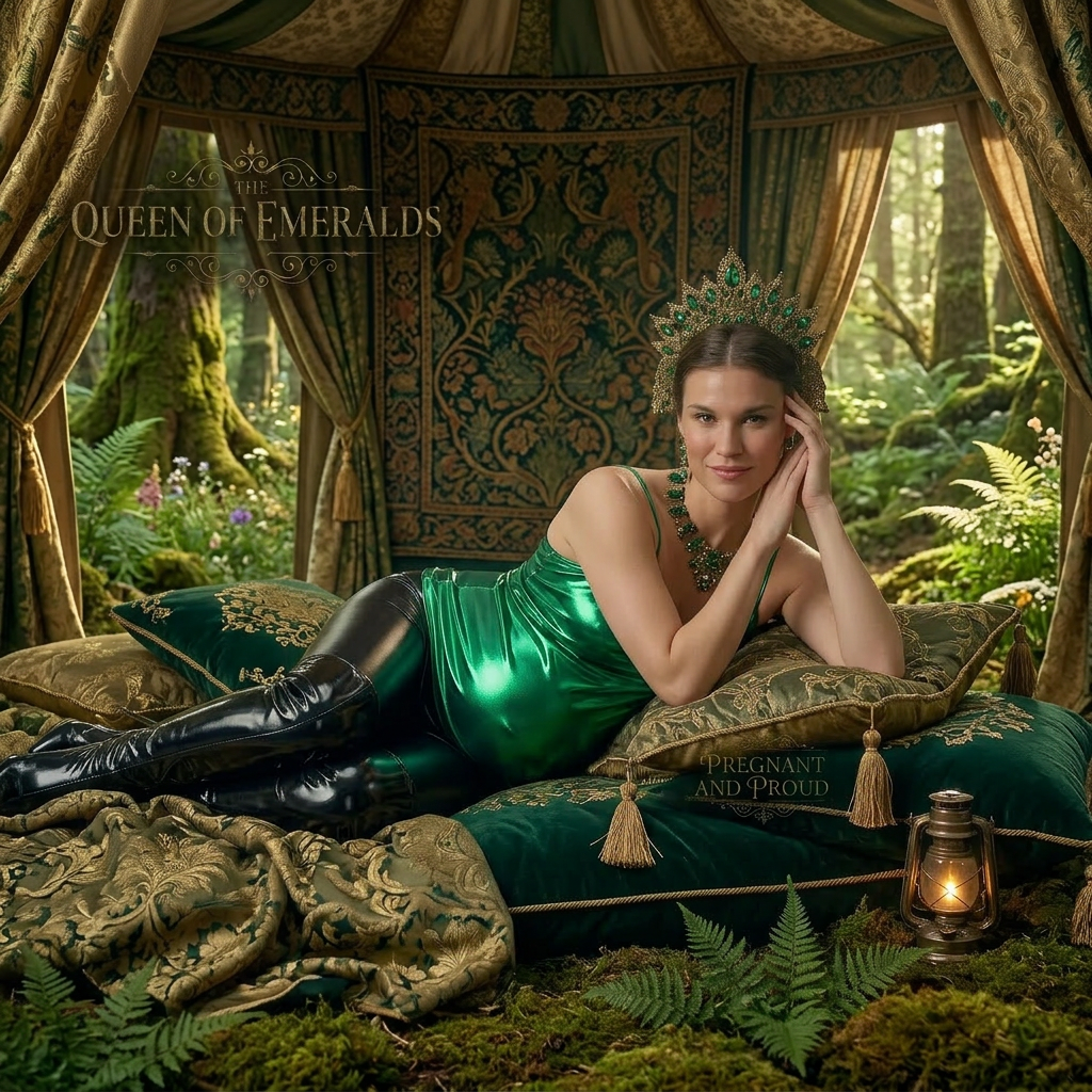 AI Design for this beautiful pregnant queen of emerald is laying in a forest on her stomach showing sexy pose