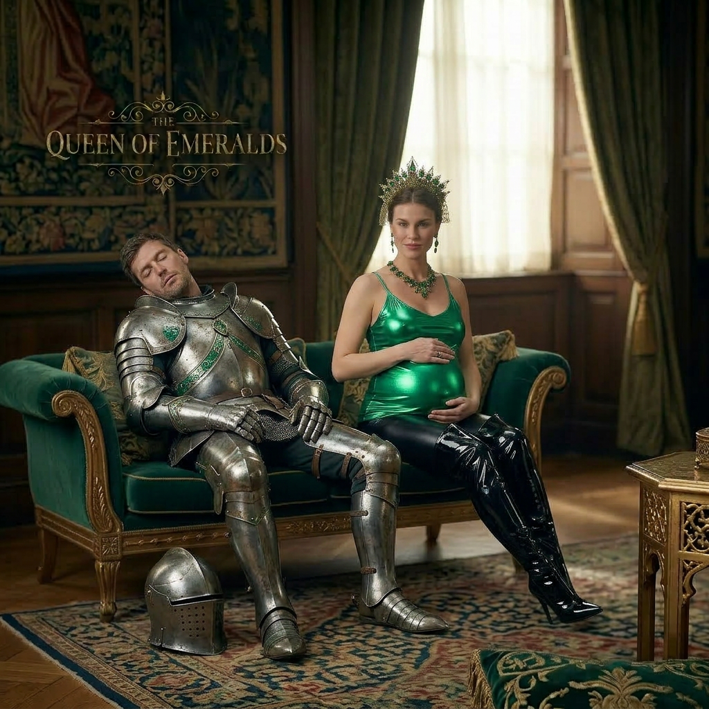 AI Design for this beautiful pregnant queen of emerald is sitting with a sleepy knight