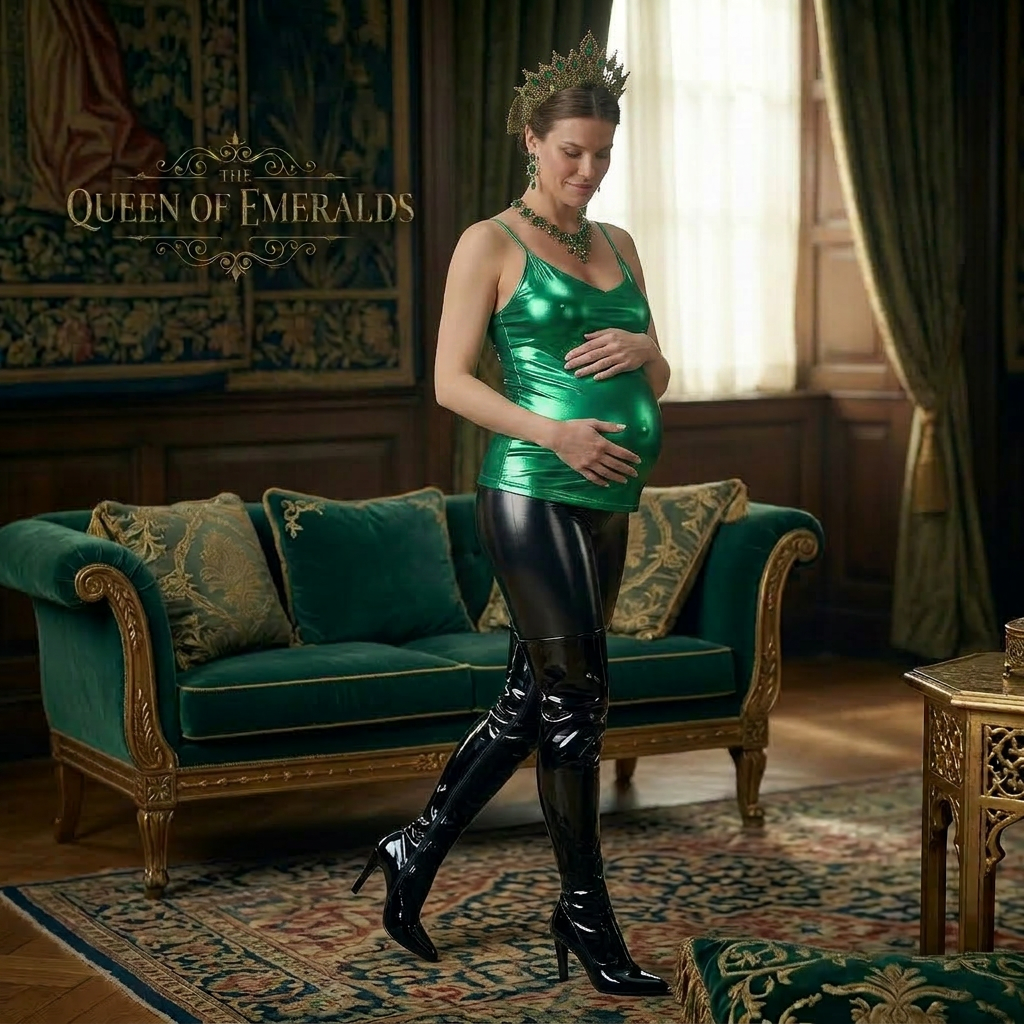 AI Design for this beautiful pregnant queen of emerald has crossed hands on her stomach