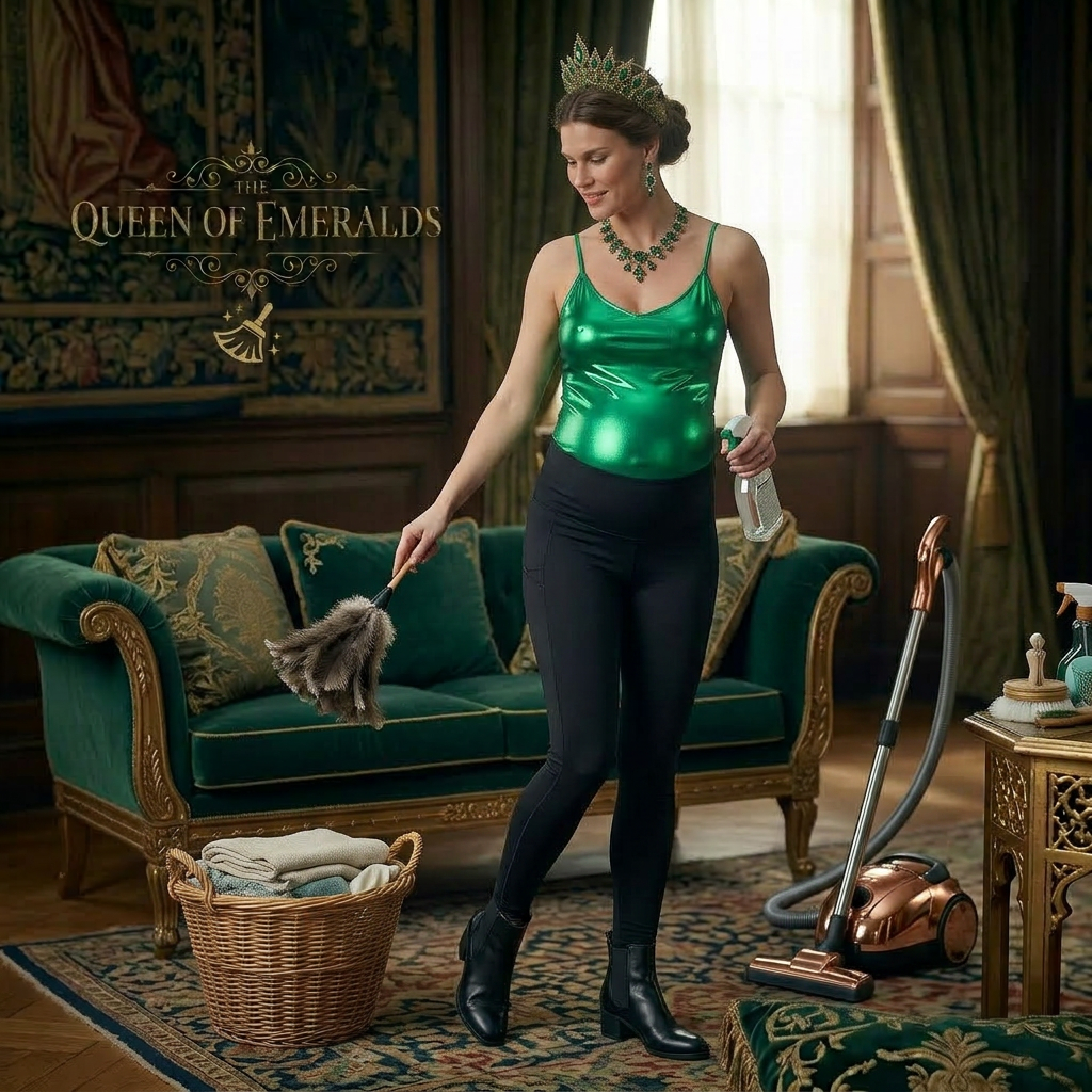 AI Design for this beautiful pregnant queen of emerald is doing housework