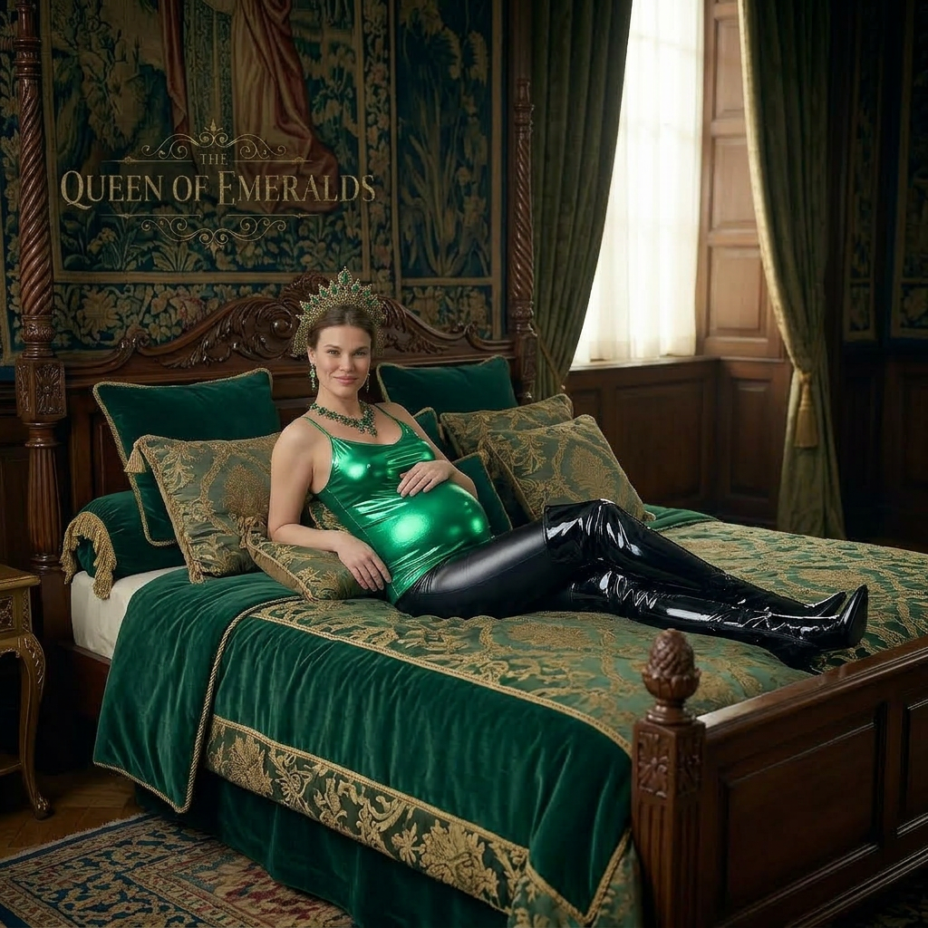 AI Design for this beautiful pregnant queen of emerald is laying on a bed in this shiny outfit