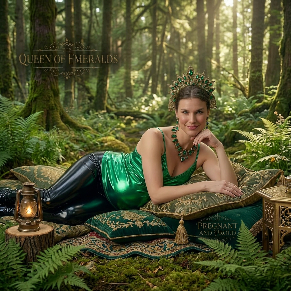 AI Design for this beautiful pregnant queen of emerald is laying in a forest on her stomach showing sexy pose