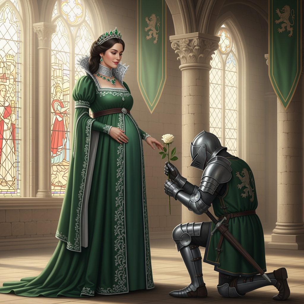 AI Design for this beautiful pregnant queen of emerald is standing in front of kneeling knight in a castle