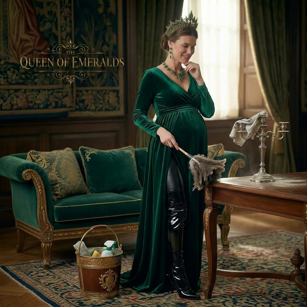 AI Design for this beautiful pregnant queen of emerald is doing housework