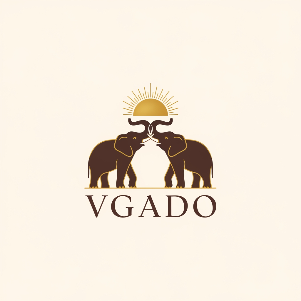 AI Design for I want you to create a logo for traditional clothing brand name "Vgado". They want to add Elephant in their logo creatively. Generate one premium option. Add 2 elephants. Add a sun between or on top of 2 elephants.