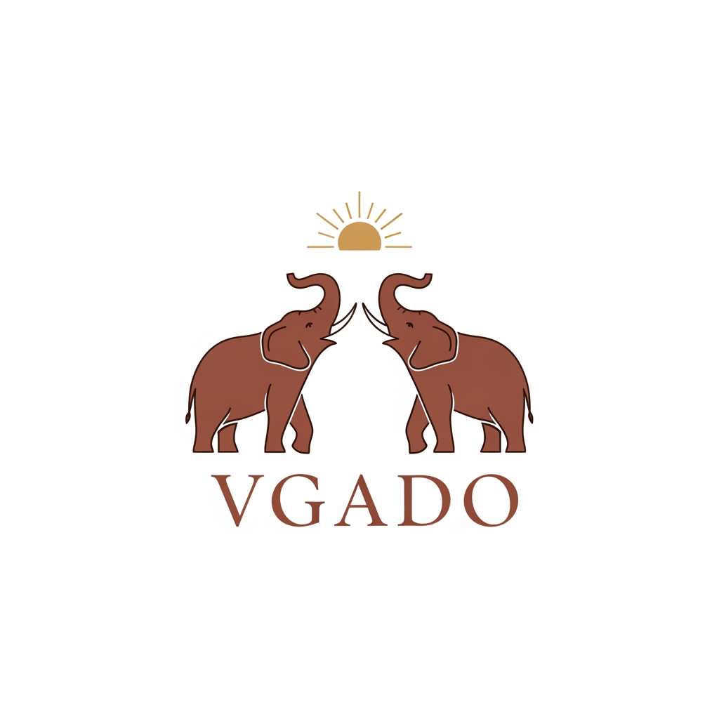 AI Design for I want you to create a logo for traditional clothing brand name "Vgado". They want to add Elephant in their logo creatively. Generate one premium option. Add 2 elephants. Add a sun between or on top of 2 elephants.