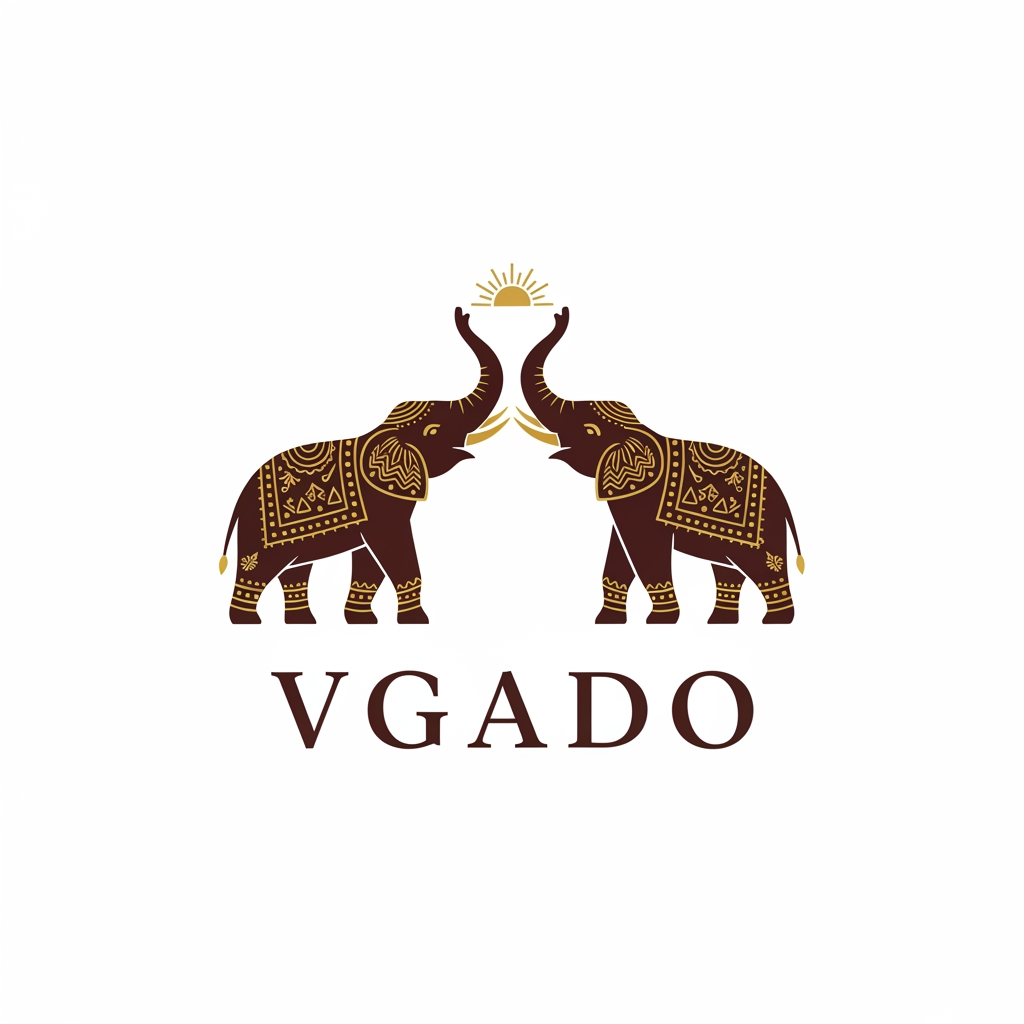 AI Design for I want you to create a logo for traditional clothing brand name "Vgado". They want to add Elephant in their logo creatively. Generate one premium option. Add 2 elephants. Add a sun between or on top of 2 elephants.
