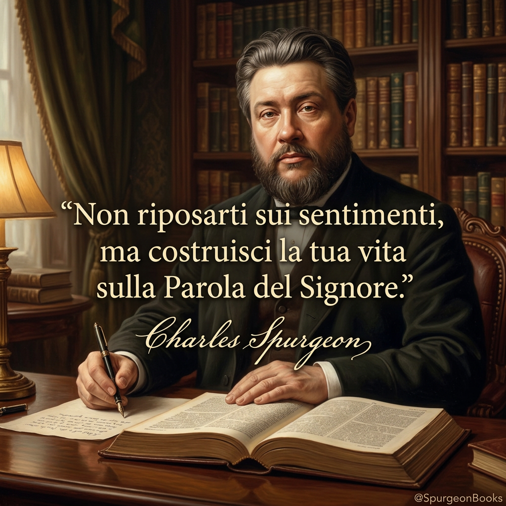 AI Design for crea un'immagine di Spurgeon con la citazione tradotta in italiano e la firma stilizzata