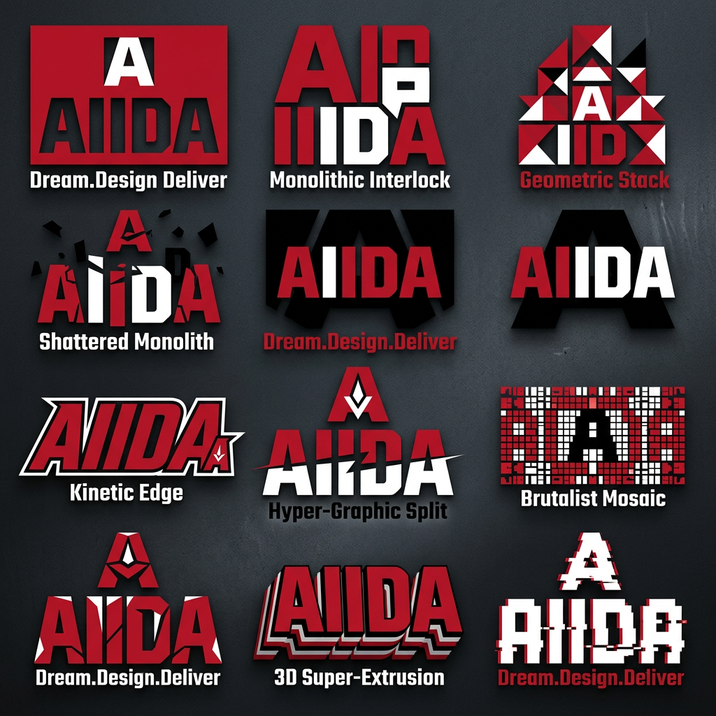 AI Design for The "Modern & Cutting-Edge" (Geometric Sans)
If the college focuses on digital art, UI/UX, or fashion, a high-contrast sans-serif with sharp angles reflects a futuristic and bold attitude.
Font Vibe: Super-heavy weights with narrow spacing.
Recommendation: Humane (clean but bold) or Vemoir.
Why it works: It looks premium and professional while maintaining the "energetic" feel Gen Z prefers over boring, traditional fonts.
use it for logo typyface

AIIDA
use red white black only

give more design options with same font  

add the tagline 
A
AIIDA
Dream.Design.Deliver

give me 10 varianions of design only same font

must resonate to art and design students 
use another grometric font and give me 10 variants now 

supper super heavy fonts with edgey energetic feel for Gen alpha 
white red black theme absolutely eye catching marvelous feel 
A
AIIDA
Dream.Design.Deliver 

make the font thicker and build colour space around it. negative version . 10 options