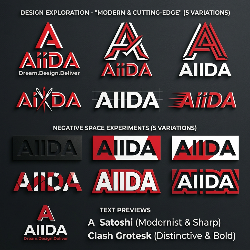 AI Design for The "Modern & Cutting-Edge" (Geometric Sans)
If the college focuses on digital art, UI/UX, or fashion, a high-contrast sans-serif with sharp angles reflects a futuristic and bold attitude.
Font Vibe: Super-heavy weights with narrow spacing.
Recommendation: Humane (clean but bold) or Vemoir.
Why it works: It looks premium and professional while maintaining the "energetic" feel Gen Z prefers over boring, traditional fonts.
use it for logo typyface

AIIDA
use red white black only

give more design options with same font  

add the tagline 
A
AIIDA
Dream.Design.Deliver
Satoshi (Modernist & Sharp)   use this for 5 variations 
. Clash Grotesk (Distinctive & Bold) use this for next 5


A
AIIDA
Dream.Design.Deliver 

make the font thicker and build colour space around it. negative version . 10 options