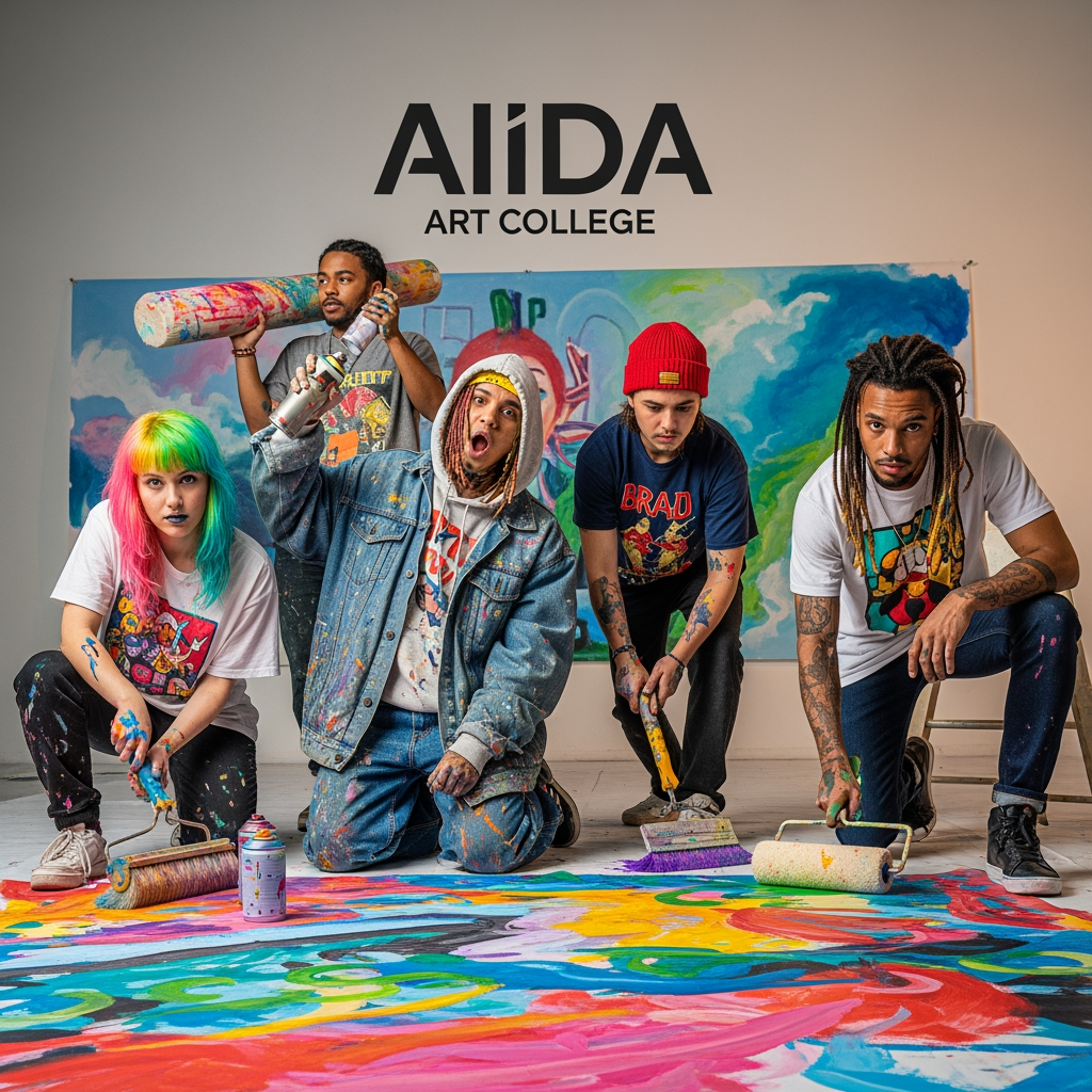 AI Design for Create a high-energy, Gen Z-focused promotional visual for an art college brand named "AIIDA".
Subject: A group of diverse, trendy Gen Z art students with expressive styles (one with neon-streaked hair, another in an oversized paint-splattered denim jacket).
Action: They are collaboratively working on a massive, messy floor-to-ceiling mural, holding spray cans and oversized brushes.
Environment: A high-ceilinged, industrial-style art studio filled with natural light, stacked canvases, and "Anti-Design" posters on the walls.
Art Style: A "Multi-Image Fusion" look that blends high-resolution photography with 2D "Anti-Design" graphic elements, including overlapping neon scribbles and hand-drawn arrows.
Lighting: Dramatic natural window light with "cinematic golden hour" dust motes floating in the air.
Details: Center the word "AIIDA" prominently in a "bold, experimental liquid-style header font" that overlaps the characters, paired with a small sub-caption in a "clean sans-serif Geist font".