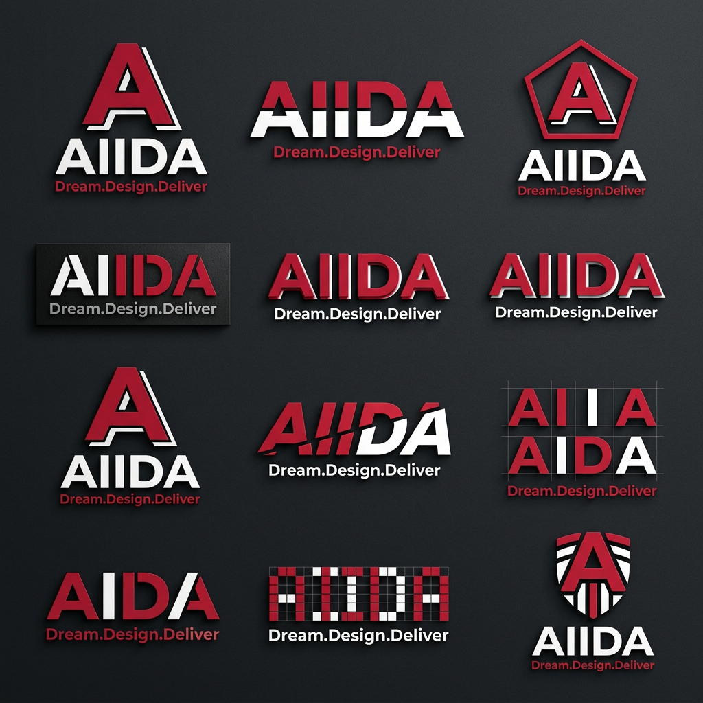 AI Design for The "Modern & Cutting-Edge" (Geometric Sans)
If the college focuses on digital art, UI/UX, or fashion, a high-contrast sans-serif with sharp angles reflects a futuristic and bold attitude.
Font Vibe: Super-heavy weights with narrow spacing.
Recommendation: Humane (clean but bold) or Vemoir.
Why it works: It looks premium and professional while maintaining the "energetic" feel Gen Z prefers over boring, traditional fonts.
use it for logo typyface

AIIDA
use red white black only

give more design options with same font  

add the tagline 
A
AIIDA
Dream.Design.Deliver

give me 10 varianions of design only same font
