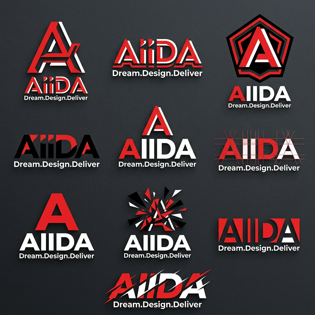AI Design for The "Modern & Cutting-Edge" (Geometric Sans)
If the college focuses on digital art, UI/UX, or fashion, a high-contrast sans-serif with sharp angles reflects a futuristic and bold attitude.
Font Vibe: Super-heavy weights with narrow spacing.
Recommendation: Humane (clean but bold) or Vemoir.
Why it works: It looks premium and professional while maintaining the "energetic" feel Gen Z prefers over boring, traditional fonts.
use it for logo typyface

AIIDA
use red white black only

give more design options with same font  

add the tagline 
A
AIIDA
Dream.Design.Deliver

give me 10 varianions of design only same font

must resonate to art and design students 
use another grometric font and give me 10 variants now 

supper super heavy fonts with edgey energetic feel for Gen alpha 
white red black theme absolutely eye catching marvelous feel 
A
AIIDA
Dream.Design.Deliver