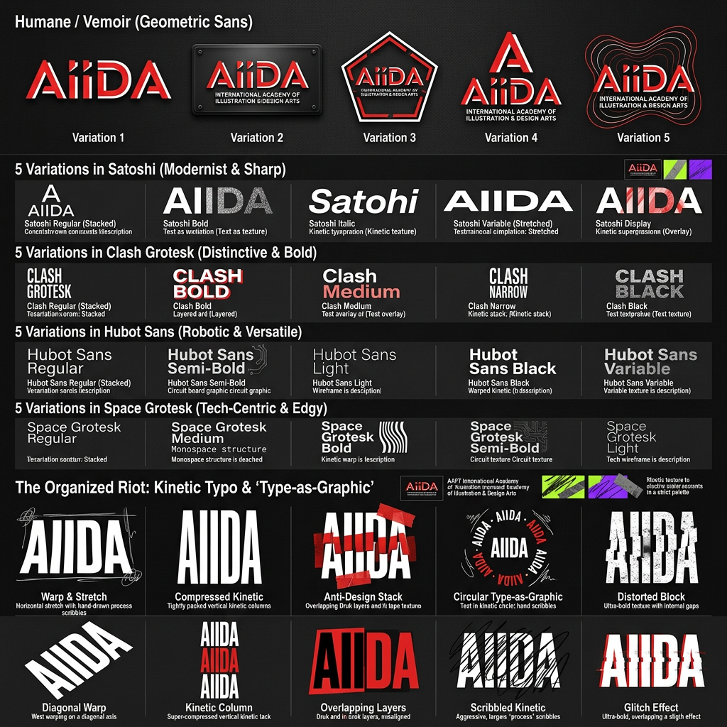 AI Design for The "Modern & Cutting-Edge" (Geometric Sans)
If the college focuses on digital art, UI/UX, or fashion, a high-contrast sans-serif with sharp angles reflects a futuristic and bold attitude.
Font Vibe: Super-heavy weights with narrow spacing.
Recommendation: Humane (clean but bold) or Vemoir.
Why it works: It looks premium and professional while maintaining the "energetic" feel Gen Z prefers over boring, traditional fonts.
use it for logo typyface
AIIDA
use red white black only
give more design options with same font
add the tagline
A
AIIDA
Dream.Design.Deliver
Satoshi (Modernist & Sharp) use this for 5 variations
. Clash Grotesk (Distinctive & Bold) use this for next 5
5 variations in Hubot Sans (Robotic & Versatile)
Hubot Sans was designed in collaboration with GitHub for a high-tech, geometric look.
Untitled UI
+1
Vibe: It has a "robotic" sidekick feel—clean, structured, and very modern.
Why it works: With 24 styles and variable axes, you can stretch or compress it to create a custom, "Anti-Design" look for your headers.
5 in Space Grotesk (Tech-Centric & Edgy)
Space Grotesk is a geometric sans-serif that retains a "techy" and slightly industrial edge.
UX Planet
Vibe: It is derived from a monospaced font, giving it a structured, "hacker-meets-designer" aesthetic.
Why it works: It signals a digital-first, innovative curriculum—ideal for a college teaching UI/UX or digital art.
now focus deeply on this vibe
"AIIDA" International Vibe: Creative KineticismTo establish AIIDA as a world-class institute, your brand personality should be "The Organized Riot."The Tone: Rebellious yet Precise. It’s not just about making a mess; it’s about the science of art. Use "Type-as-Graphic" to turn the name AIIDA into a visual texture rather than just a logo.Visual Strategy:Motion-First: Use kinetic typography on the website where the word "AIIDA" stretches or warps as students scroll.Color Pop: Pair high-contrast black/white typography with acid green or electric violet accents to break the "minimalist beige" stereotype.Anti-Design Accents: Incorporate hand-drawn "process" scribbles, tape textures, and overlapping layers to signal that this is a place where students actually do work, not just sit in lectures. use Druk Gen Z / Alpha "The Main Character." Its ultra-bold, compressed look is the standard for high-impact social media and "Anti-Design" posters. give me ten variations
https://aaft.com/ad/aaft_noida.php?utm_campaignid=21171217090&utm_adgroupid=161533172085&utm_creativeid=732056293642&utm_matchtype=b&utm_device=c&utm_network=g&utm_keyword=aaft&utm_placement=&utm_source=Google%20Search&utm_medium=cpc&utm_campaign=GenY-Degree-Search-AI-Branded-New&gad_source=1&gad_campaignid=21171217090&gbraid=0AAAAADn-m3Rk7AO7V1kISTrkm2PoK3uzN&gclid=Cj0KCQjw3K7RBhDJARIsAKRtP5SYhp18dDkibYMUD6LQAQ2Od-Yhy8ZmL1hDpKOjHGUJrFhw4VpJO3saAjdgEALw_wcB