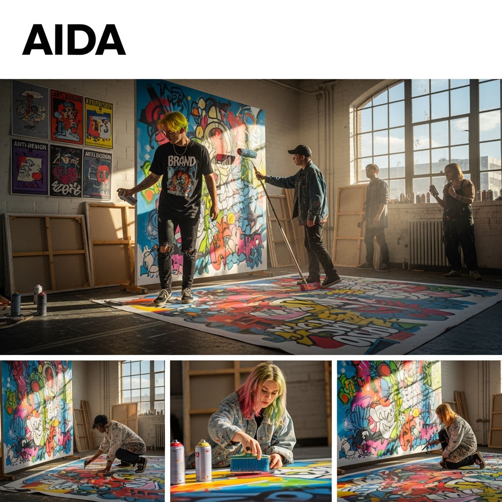 AI Design for Create a high-energy, Gen Z-focused promotional visual for an art college brand named "AIIDA".
Subject: A group of diverse, trendy Gen Z art students with expressive styles (one with neon-streaked hair, another in an oversized paint-splattered denim jacket).
Action: They are collaboratively working on a massive, messy floor-to-ceiling mural, holding spray cans and oversized brushes.
Environment: A high-ceilinged, industrial-style art studio filled with natural light, stacked canvases, and "Anti-Design" posters on the walls.
Art Style: A "Multi-Image Fusion" look that blends high-resolution photography with 2D "Anti-Design" graphic elements, including overlapping neon scribbles and hand-drawn arrows.
Lighting: Dramatic natural window light with "cinematic golden hour" dust motes floating in the air.
Details: Center the word "AIIDA" prominently in a "bold, experimental liquid-style header font" that overlaps the characters, paired with a small sub-caption in a "clean sans-serif Geist font".
