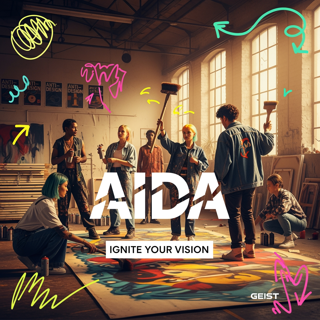 AI Design for Create a high-energy, Gen Z-focused promotional visual for an art college brand named "AIIDA".
Subject: A group of diverse, trendy Gen Z art students with expressive styles (one with neon-streaked hair, another in an oversized paint-splattered denim jacket).
Action: They are collaboratively working on a massive, messy floor-to-ceiling mural, holding spray cans and oversized brushes.
Environment: A high-ceilinged, industrial-style art studio filled with natural light, stacked canvases, and "Anti-Design" posters on the walls.
Art Style: A "Multi-Image Fusion" look that blends high-resolution photography with 2D "Anti-Design" graphic elements, including overlapping neon scribbles and hand-drawn arrows.
Lighting: Dramatic natural window light with "cinematic golden hour" dust motes floating in the air.
Details: Center the word "AIIDA" prominently in a "bold, experimental liquid-style header font" that overlaps the characters, paired with a small sub-caption in a "clean sans-serif Geist font".
