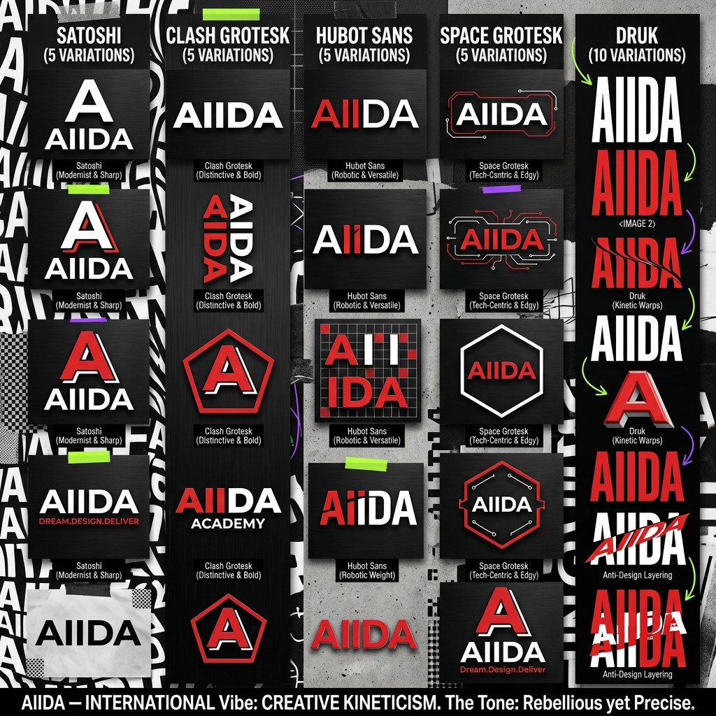 AI Design for The "Modern & Cutting-Edge" (Geometric Sans)
If the college focuses on digital art, UI/UX, or fashion, a high-contrast sans-serif with sharp angles reflects a futuristic and bold attitude.
Font Vibe: Super-heavy weights with narrow spacing.
Recommendation: Humane (clean but bold) or Vemoir.
Why it works: It looks premium and professional while maintaining the "energetic" feel Gen Z prefers over boring, traditional fonts.
use it for logo typyface
AIIDA
use red white black only
give more design options with same font
add the tagline
A
AIIDA
Dream.Design.Deliver
Satoshi (Modernist & Sharp) use this for 5 variations
. Clash Grotesk (Distinctive & Bold) use this for next 5
5 variations in Hubot Sans (Robotic & Versatile)
Hubot Sans was designed in collaboration with GitHub for a high-tech, geometric look.
Untitled UI
+1
Vibe: It has a "robotic" sidekick feel—clean, structured, and very modern.
Why it works: With 24 styles and variable axes, you can stretch or compress it to create a custom, "Anti-Design" look for your headers.
5 in Space Grotesk (Tech-Centric & Edgy)
Space Grotesk is a geometric sans-serif that retains a "techy" and slightly industrial edge.
UX Planet
Vibe: It is derived from a monospaced font, giving it a structured, "hacker-meets-designer" aesthetic.
Why it works: It signals a digital-first, innovative curriculum—ideal for a college teaching UI/UX or digital art.
now focus deeply on this vibe
"AIIDA" International Vibe: Creative KineticismTo establish AIIDA as a world-class institute, your brand personality should be "The Organized Riot."The Tone: Rebellious yet Precise. It’s not just about making a mess; it’s about the science of art. Use "Type-as-Graphic" to turn the name AIIDA into a visual texture rather than just a logo.Visual Strategy:Motion-First: Use kinetic typography on the website where the word "AIIDA" stretches or warps as students scroll.Color Pop: Pair high-contrast black/white typography with acid green or electric violet accents to break the "minimalist beige" stereotype.Anti-Design Accents: Incorporate hand-drawn "process" scribbles, tape textures, and overlapping layers to signal that this is a place where students actually do work, not just sit in lectures. use Druk Gen Z / Alpha "The Main Character." Its ultra-bold, compressed look is the standard for high-impact social media and "Anti-Design" posters. give me ten variations