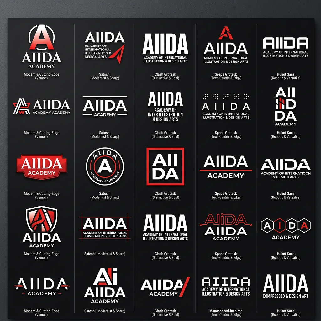 AI Design for The "Modern & Cutting-Edge" (Geometric Sans)
If the college focuses on digital art, UI/UX, or fashion, a high-contrast sans-serif with sharp angles reflects a futuristic and bold attitude.
Font Vibe: Super-heavy weights with narrow spacing.
Recommendation: Humane (clean but bold) or Vemoir.
Why it works: It looks premium and professional while maintaining the "energetic" feel Gen Z prefers over boring, traditional fonts.
use it for logo typyface
AIIDA
use red white black only
give more design options with same font
add the tagline
A
AIIDA
Dream.Design.Deliver
Satoshi (Modernist & Sharp) use this for 5 variations
. Clash Grotesk (Distinctive & Bold) use this for next 5
5 variations in Hubot Sans (Robotic & Versatile)
Hubot Sans was designed in collaboration with GitHub for a high-tech, geometric look.
Untitled UI
+1
Vibe: It has a "robotic" sidekick feel—clean, structured, and very modern.
Why it works: With 24 styles and variable axes, you can stretch or compress it to create a custom, "Anti-Design" look for your headers.
5 in Space Grotesk (Tech-Centric & Edgy)
Space Grotesk is a geometric sans-serif that retains a "techy" and slightly industrial edge.
UX Planet
Vibe: It is derived from a monospaced font, giving it a structured, "hacker-meets-designer" aesthetic.
Why it works: It signals a digital-first, innovative curriculum—ideal for a college teaching UI/UX or digital art.