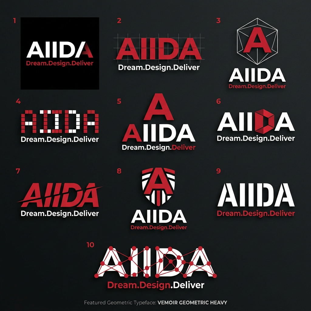 AI Design for The "Modern & Cutting-Edge" (Geometric Sans)
If the college focuses on digital art, UI/UX, or fashion, a high-contrast sans-serif with sharp angles reflects a futuristic and bold attitude.
Font Vibe: Super-heavy weights with narrow spacing.
Recommendation: Humane (clean but bold) or Vemoir.
Why it works: It looks premium and professional while maintaining the "energetic" feel Gen Z prefers over boring, traditional fonts.
use it for logo typyface

AIIDA
use red white black only

give more design options with same font  

add the tagline 
A
AIIDA
Dream.Design.Deliver

give me 10 varianions of design only same font

must resonate to art and design students 
use another grometric font and give me 10 variants now