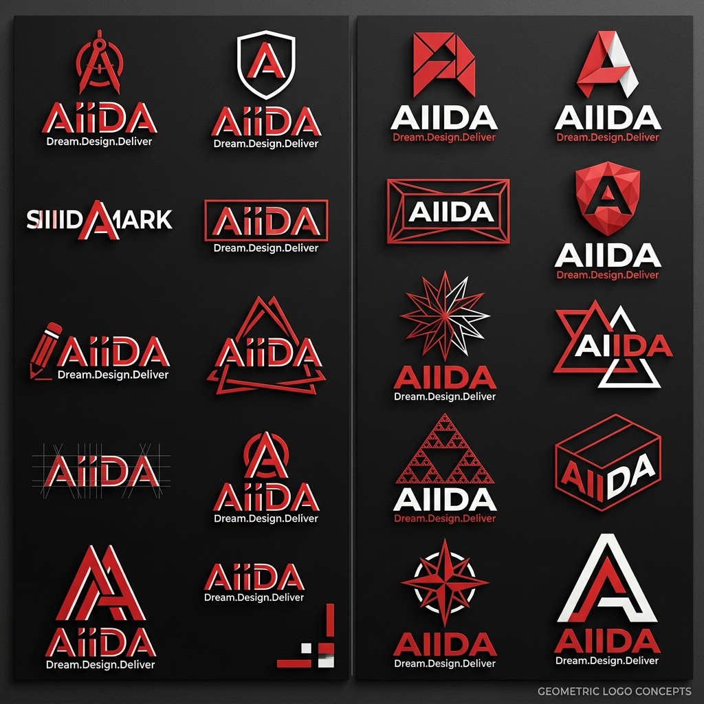 AI Design for The "Modern & Cutting-Edge" (Geometric Sans)
If the college focuses on digital art, UI/UX, or fashion, a high-contrast sans-serif with sharp angles reflects a futuristic and bold attitude.
Font Vibe: Super-heavy weights with narrow spacing.
Recommendation: Humane (clean but bold) or Vemoir.
Why it works: It looks premium and professional while maintaining the "energetic" feel Gen Z prefers over boring, traditional fonts.
use it for logo typyface

AIIDA
use red white black only

give more design options with same font  

add the tagline 
A
AIIDA
Dream.Design.Deliver

give me 10 varianions of design only same font

must resonate to art and design students 
use another grometric font and give me 10 variants now