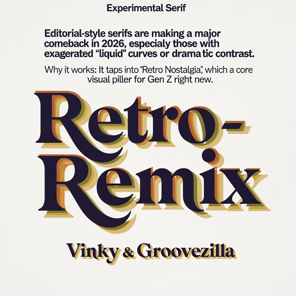 AI Design for The "Experimental Serif" (Retro-Remix)
Editorial-style serifs are making a major comeback in 2026, especially those with exaggerated "liquid" curves or dramatic contrast.
Font Vibe: Funky 70s-inspired serifs mixed with modern sharpness.
Recommendation: Vinky or Groovezilla.
Why it works: It taps into "Retro Nostalgia," which is a core visual pillar for Gen Z right now.