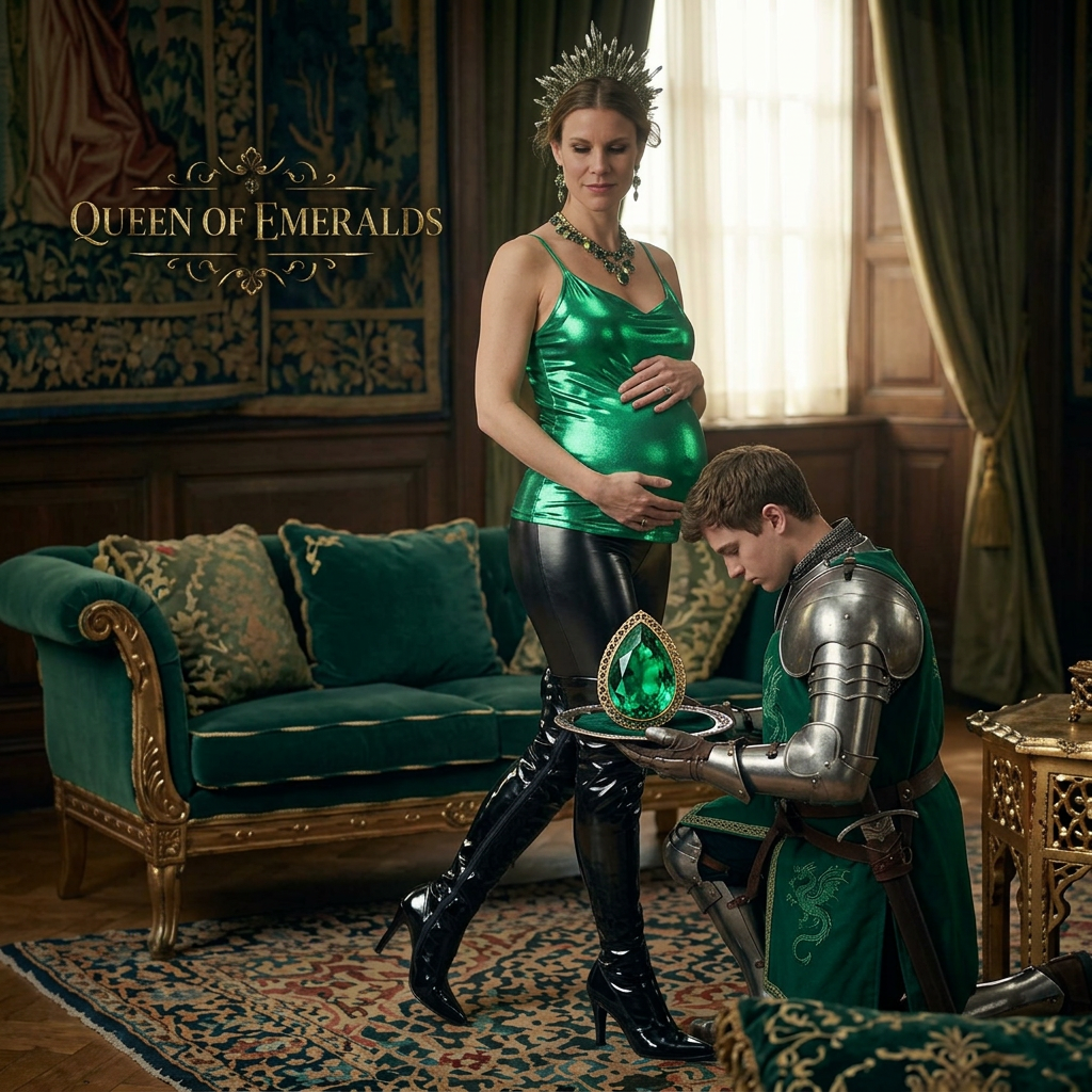 AI Design for this beautiful pregnant queen of emerald is standing in front of a kneeling knight