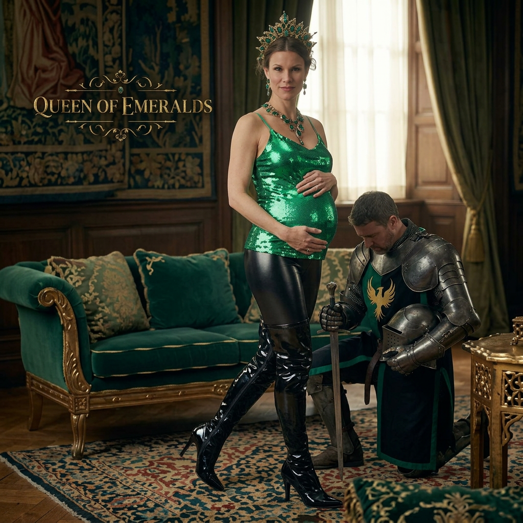 AI Design for this beautiful pregnant queen of emerald is standing in front of a kneeling knight