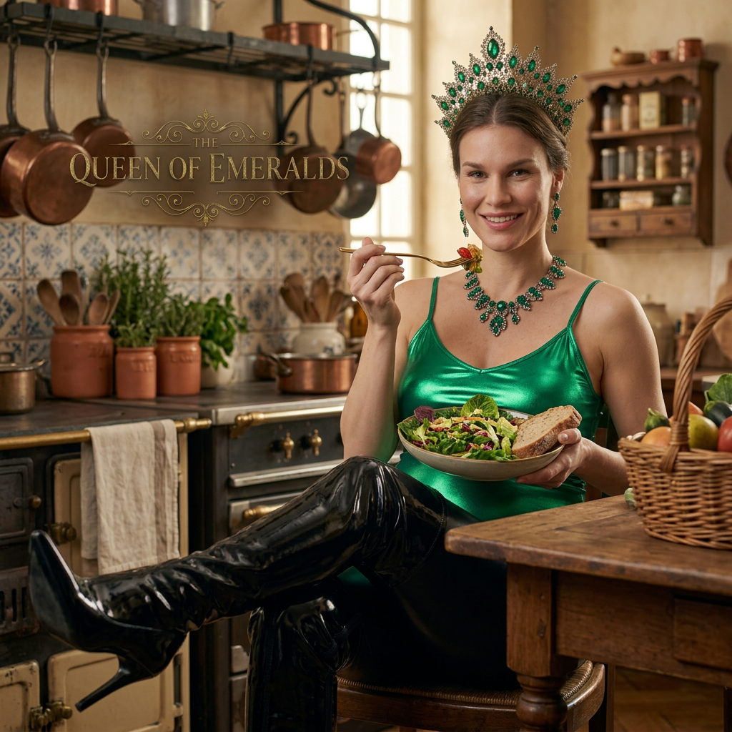 AI Design for this beautiful pregnant queen of emerald is sitting with crossed legs in a kitchen while eating and come close to her