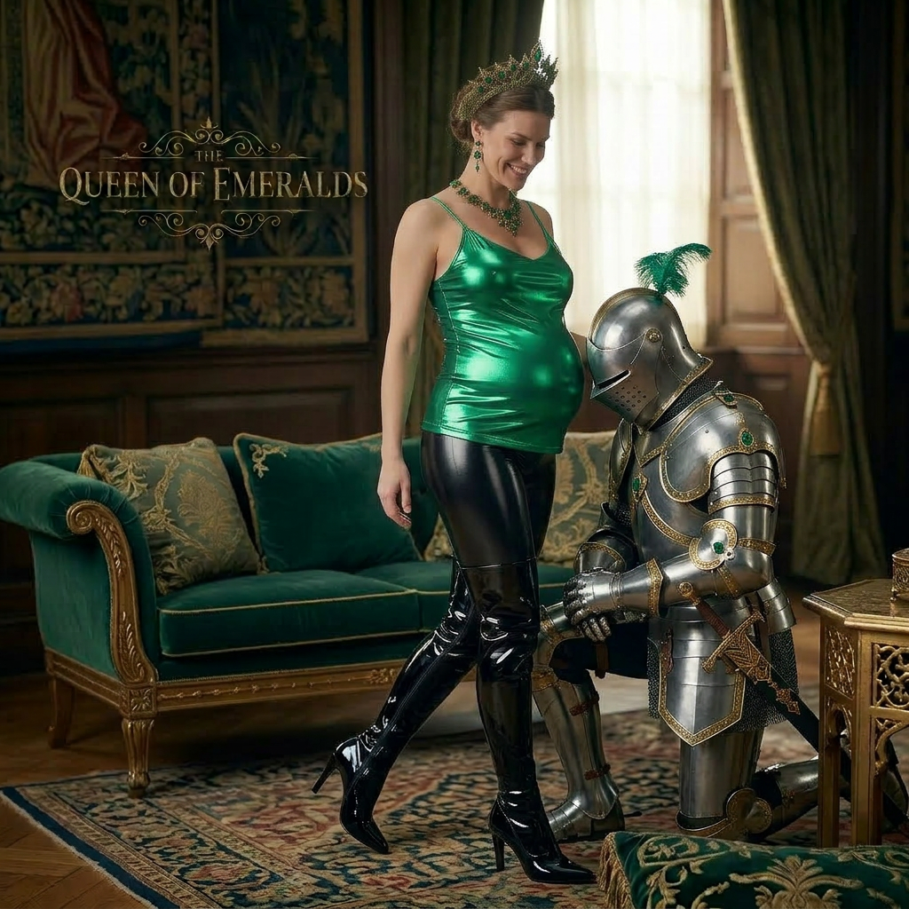 AI Design for this beautiful pregnant queen of emerald is standing in front of a kneeling knight and she is smiling at him